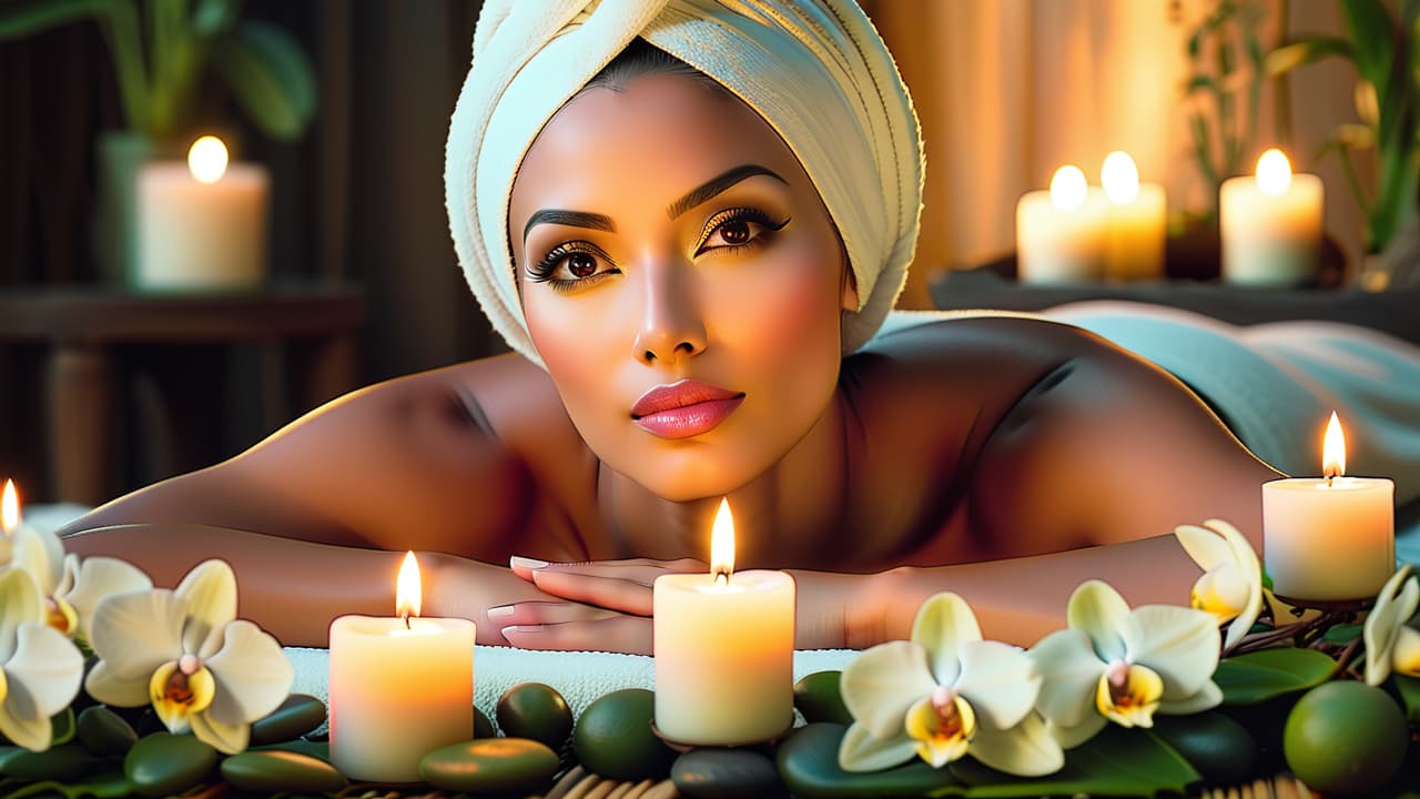  a serene spa setting with soft candlelight, delicate white orchids, and a plush treatment bed. a gentle facial application of a creamy, soothing mask on a model's serene face, surrounded by natural elements. hyperrealistic, full body, detailed clothing, highly detailed, cinematic lighting, stunningly beautiful, intricate, sharp focus, f/1. 8, 85mm, (centered image composition), (professionally color graded), ((bright soft diffused light)), volumetric fog, trending on instagram, trending on tumblr, HDR 4K, 8K