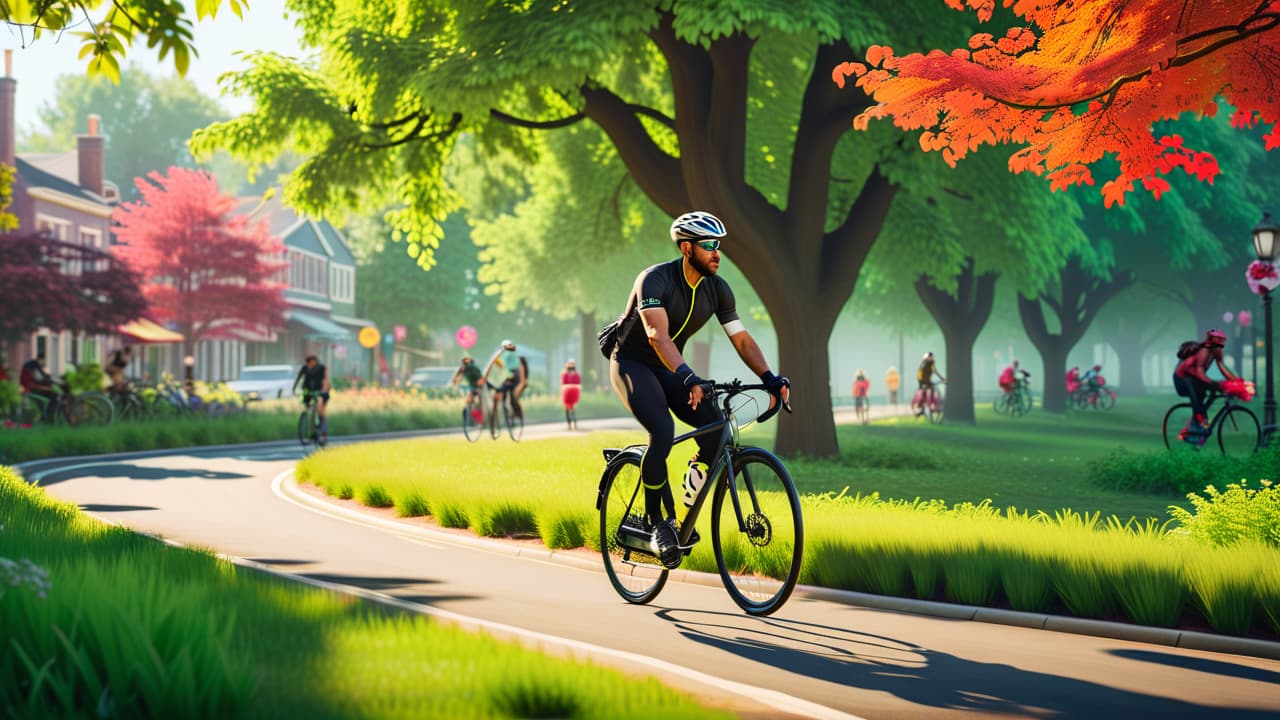  a vibrant cityscape with diverse cyclists, including families and commuters, navigating through lush green parks, past colorful murals, and local shops, showcasing community interactions, bike sharing stations, and dedicated bike lanes. hyperrealistic, full body, detailed clothing, highly detailed, cinematic lighting, stunningly beautiful, intricate, sharp focus, f/1. 8, 85mm, (centered image composition), (professionally color graded), ((bright soft diffused light)), volumetric fog, trending on instagram, trending on tumblr, HDR 4K, 8K