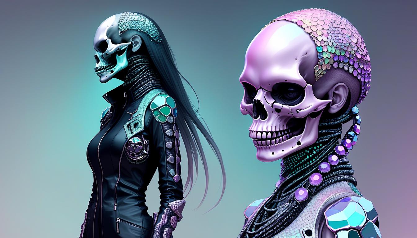  techwear fashion lizard scales. full length girl skull instead of face. chromium and precious stones, pastel tones. desert . futuristic, cyberpunk, urban, tactical, sleek, dark, highly detailed