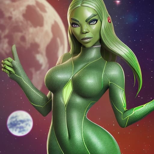  Charly Jordan as a green-skinned humanoid female from another galaxy, full body, erotic