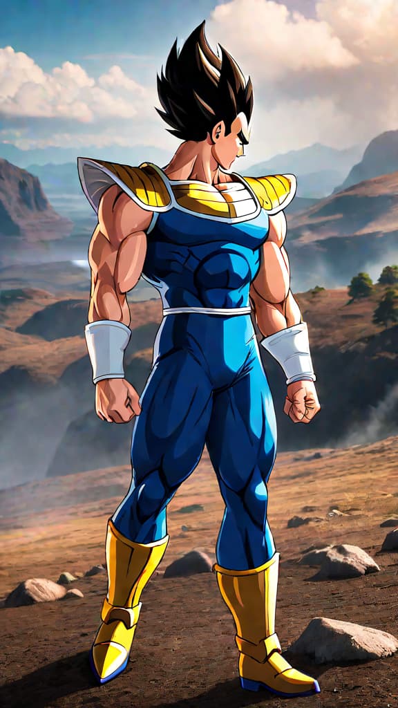  anime art: vegeta from dragon ball z self destructs to save earth, bidding farewell to loved ones. hyperrealistic, full body, detailed clothing, highly detailed, cinematic lighting, stunningly beautiful, intricate, sharp focus, f/1. 8, 85mm, (centered image composition), (professionally color graded), ((bright soft diffused light)), volumetric fog, trending on instagram, trending on tumblr, HDR 4K, 8K