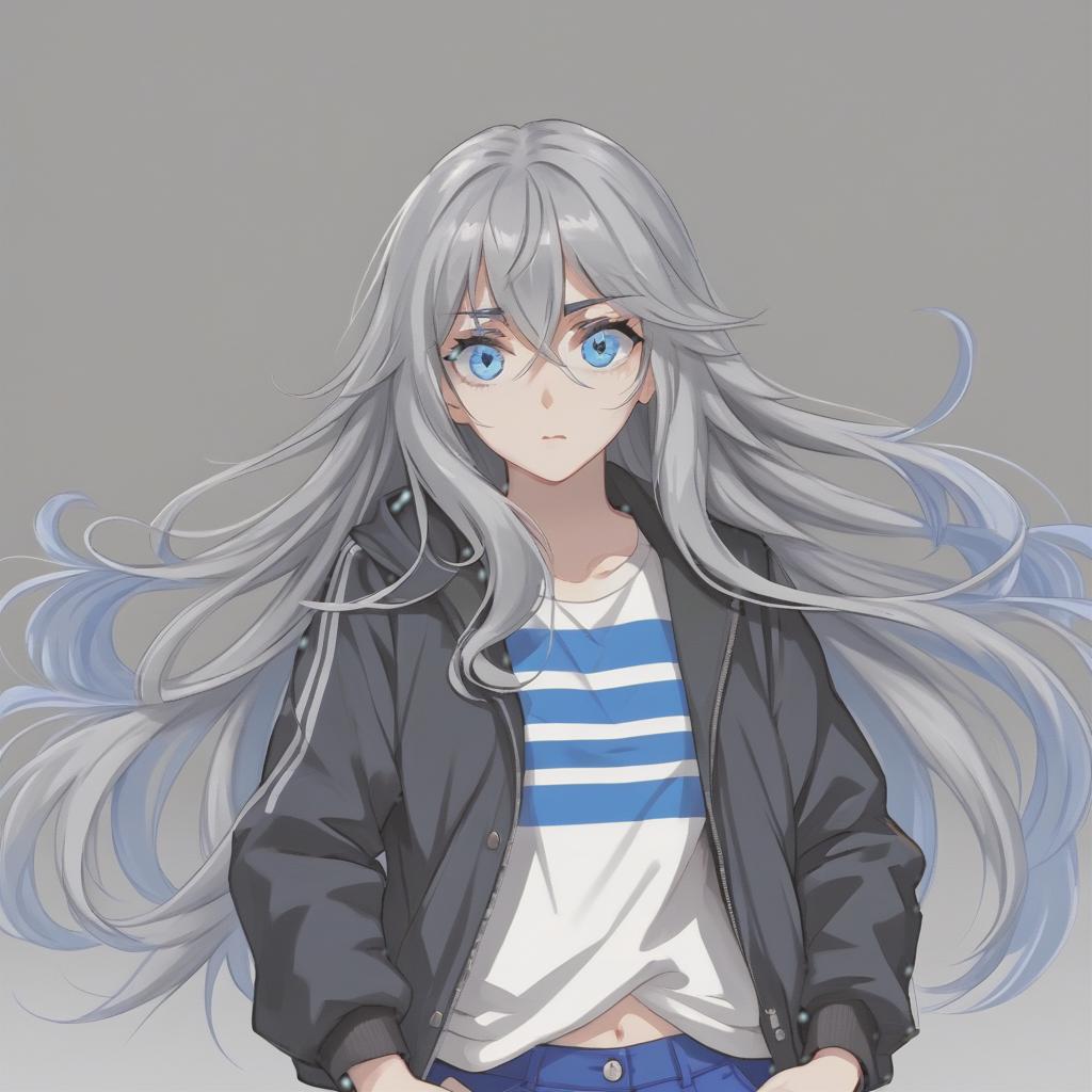  a girl with blue eyes and very long gray hair. her bangs are stacked on both sides, except for the long part in the middle. in everyday clothes she wears an oversize jacket, blue, in a white strip, the jacket is partially unbuttoned. under her she puts on a black shirt and short blue shorts. the expressions of the girl’s face are insignificant, but noticeable. her face is calm with almost no emotions.