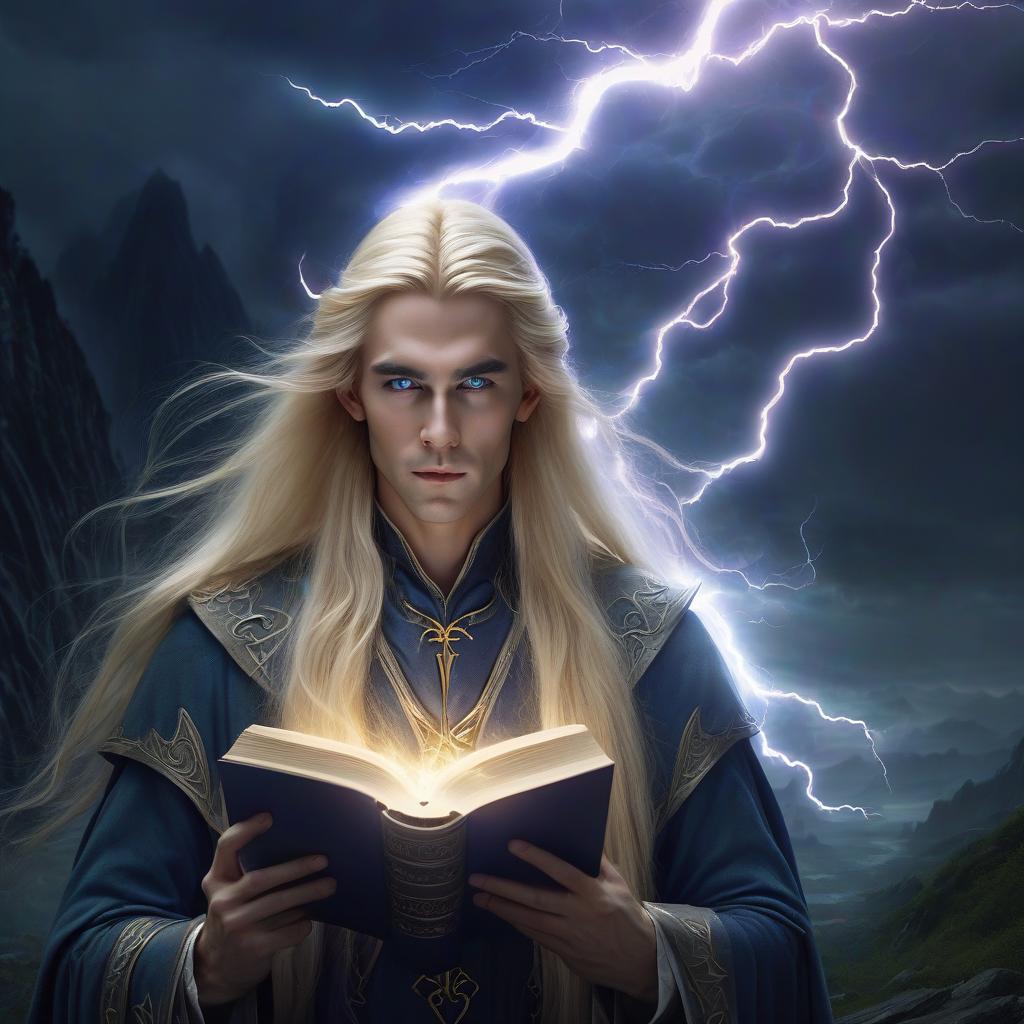  elven long haired blonde wizard with book spells lightning, hkmagic