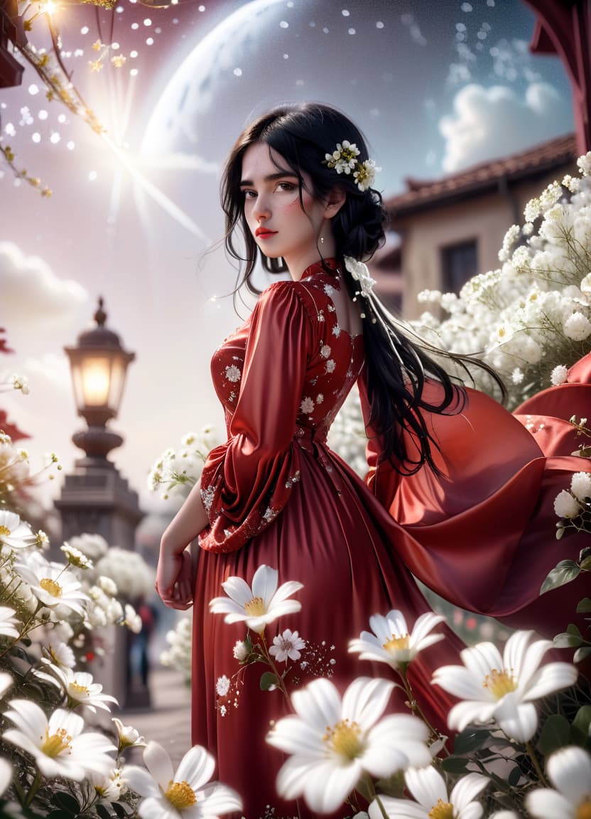  cinematic photo a girl in a red silk dress, in the foreground white flowers, black hair, a large bust, white sleeves with a pattern, against a starry sky. . 35mm photograph, film, bokeh, professional, 4k, highly detailed, perfecteyes, civitai, glowneon