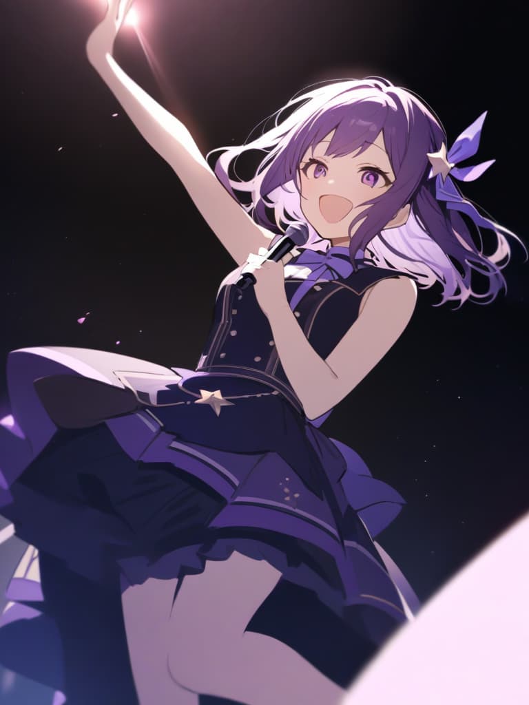  (piece flying), (highest quality), very detail, ((1 girl)), focus only, [diagonally downward, dynamic, jump), ((big smile)), wink, perfect face, beautiful. face, very detailed face (long purple hair purple eyes: 1.3), idol costumes, idols only, ribbon hair ornaments, concert dome, live, singing, singing, big mouth open and laugh, laser light, spotlight, confession, whole body