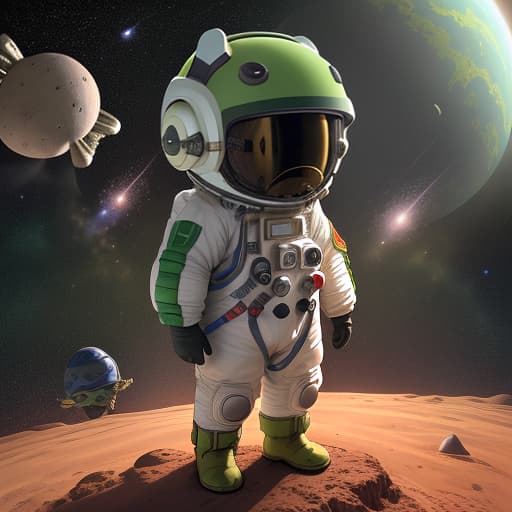  a child in a space suit, on an ear helmet like a hare, stands on an unknown planet next to green men, and asteroids fly around him, a helmet with hare ears on his head