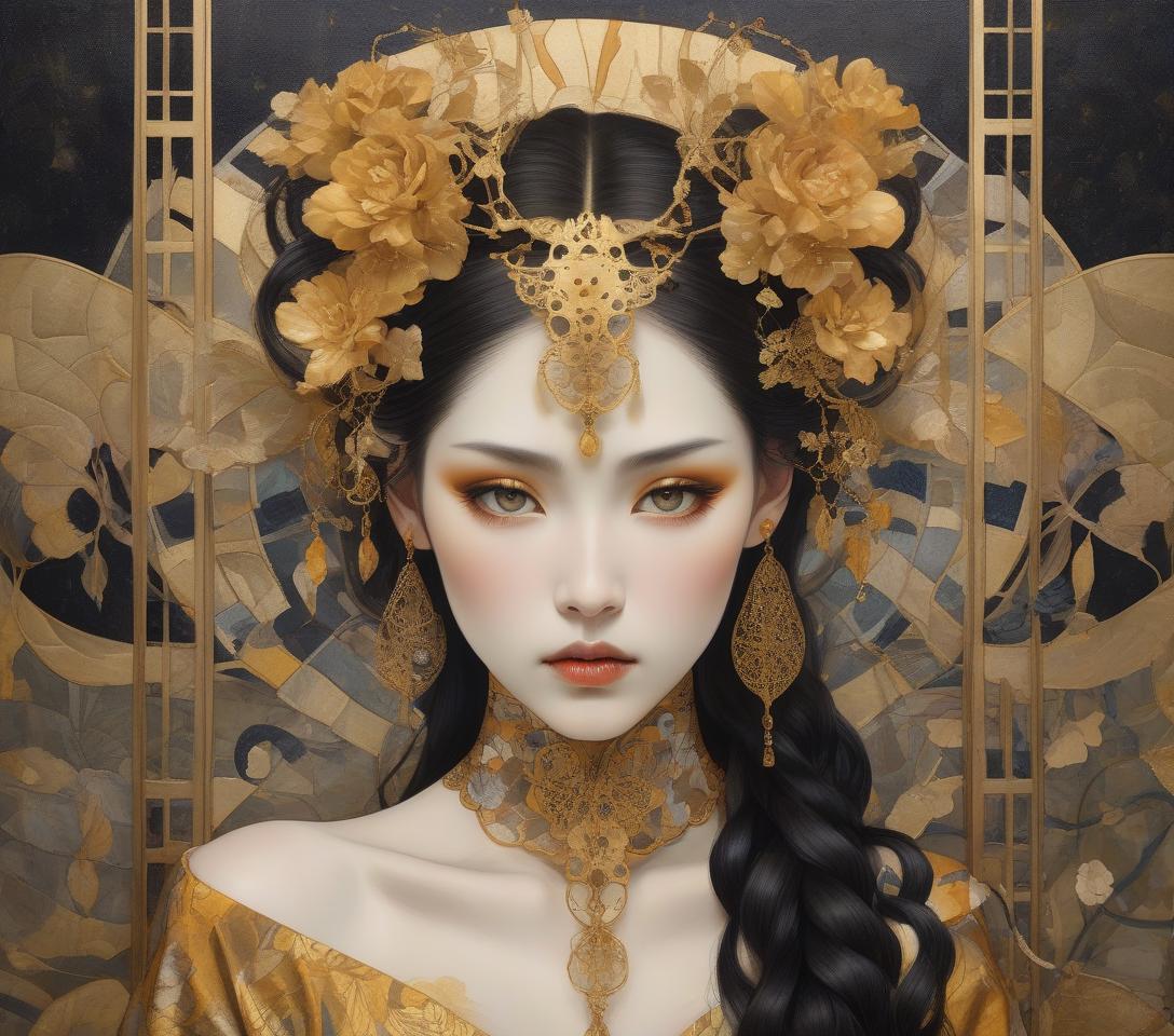  gothic style a mystical artwork with a female figure adorned with floral headpiece and golden attire, exuding an ethereal, otherworldly charm. imagine an intricately detailed image of a steampunk geisha, her vivid eyes with a dreaming look sparkle beneath long lashes. she is dressed in a gossamer silk kimono, embodying high contrast and decorative designs reminiscent of the art deco era. the portrait seamlessly integrates a mixed media collage approach for added dimension and texture. it pays homage to the flat, decorative patterns and vivid, unnatural colors championed by the symbolist movement (gustav klimt) and pre raphaelite (botticelli) artists, rendered with the depth and richness of oil painting. elements of kintsugi, using gold and