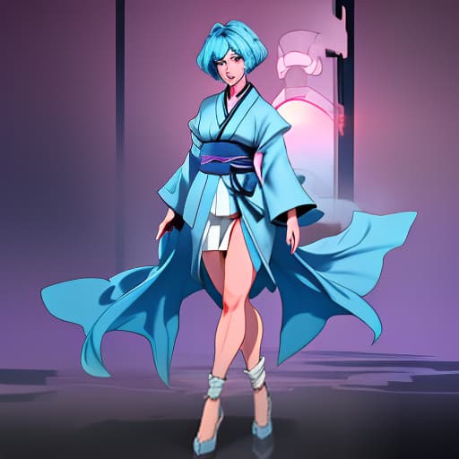  A woman, in a kimono, with light blue hair, short cut., Character, Full body, Concept design, Sheet, Ultra wide view, Ultra detailed hyperrealistic, full body, detailed clothing, highly detailed, cinematic lighting, stunningly beautiful, intricate, sharp focus, f/1. 8, 85mm, (centered image composition), (professionally color graded), ((bright soft diffused light)), volumetric fog, trending on instagram, trending on tumblr, HDR 4K, 8K