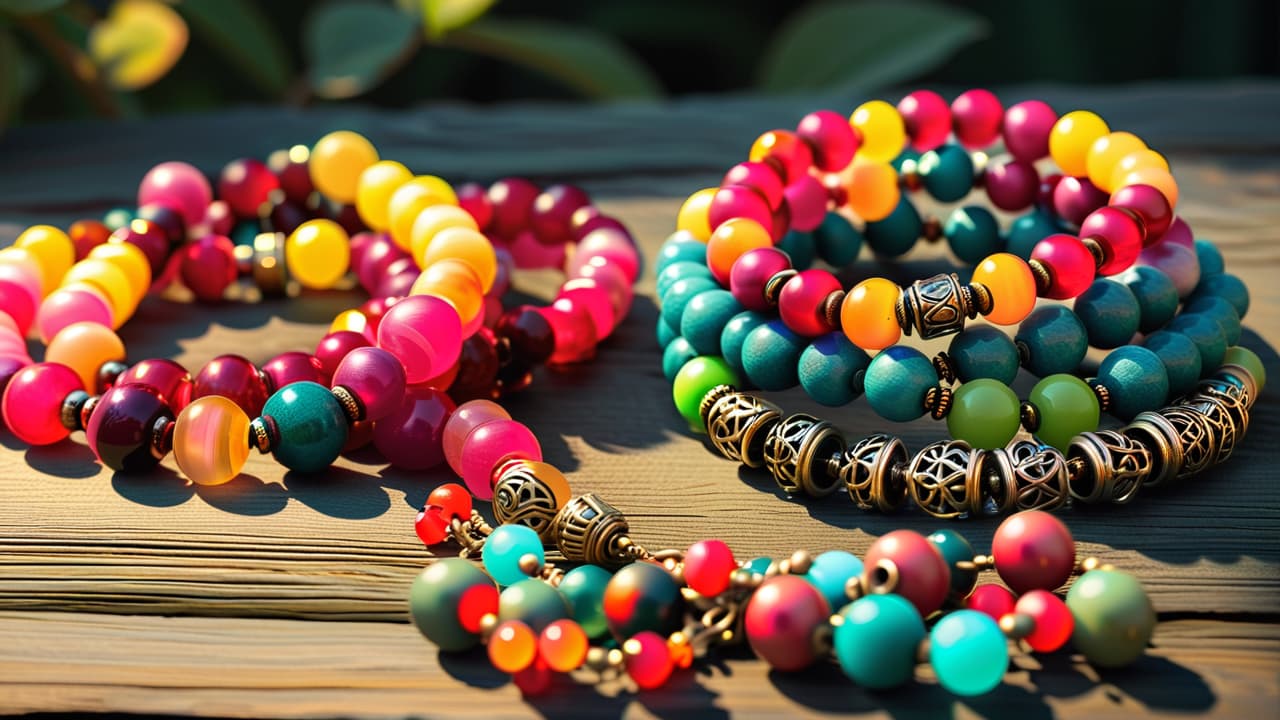  a vibrant array of intricately crafted beaded jewelry displayed on a rustic wooden table, featuring colorful patterns and textures, with soft natural light illuminating the shimmering beads and creating a warm, inviting atmosphere. hyperrealistic, full body, detailed clothing, highly detailed, cinematic lighting, stunningly beautiful, intricate, sharp focus, f/1. 8, 85mm, (centered image composition), (professionally color graded), ((bright soft diffused light)), volumetric fog, trending on instagram, trending on tumblr, HDR 4K, 8K