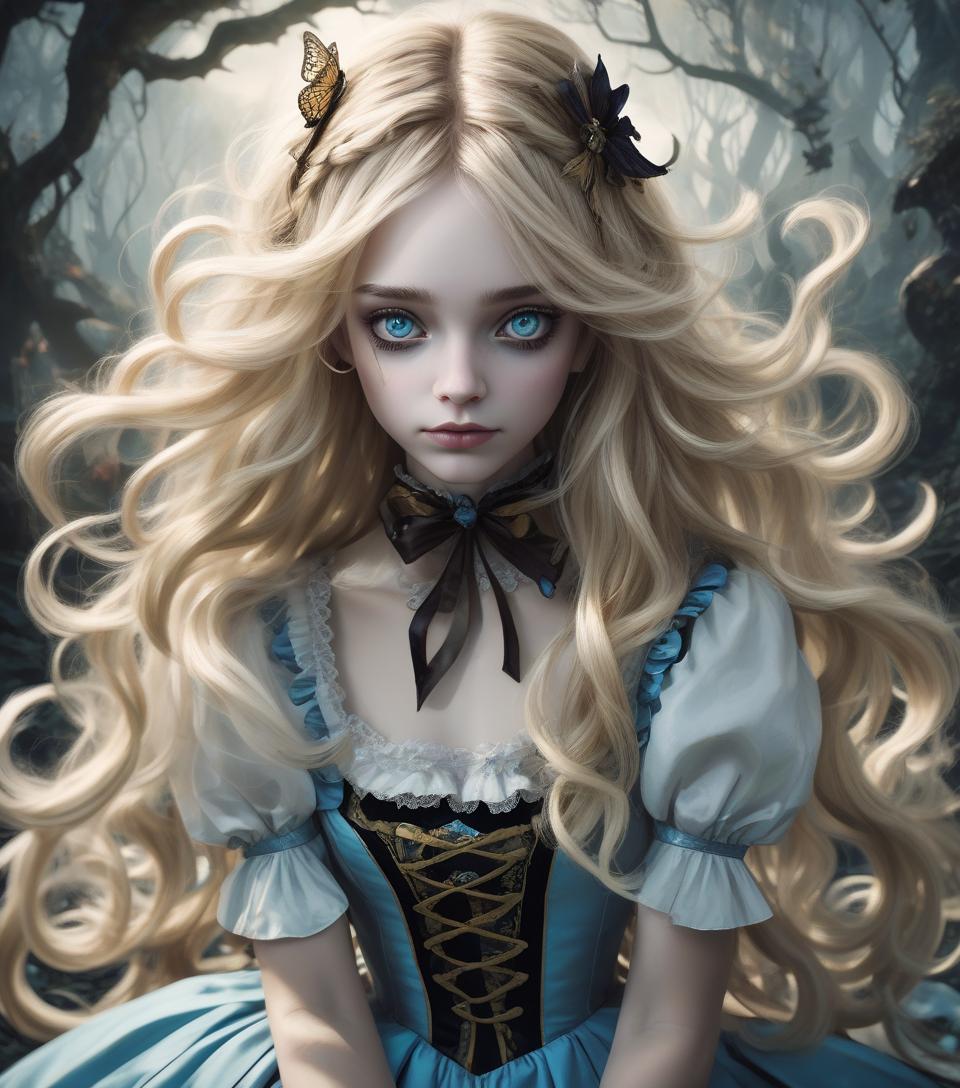  breathtaking beauty, ((portrait)) of twisted ((alice in wonderland)) long flyaway wavy blonde hair, cute, whimsical, intricate, foreboding, audacious detailed fantasy, moonlight and shadows charming, fabled colors, dark vision ((skyrim)) digital art magnum opus