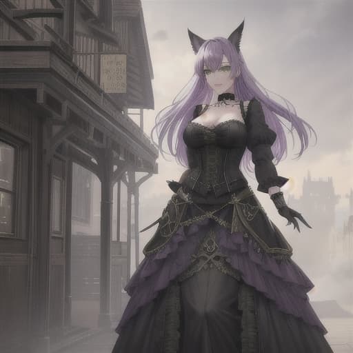  artwork of a girl, pastel purple hair, green eyes. full body realistic, wearing black steampunk outfits, wearing black spiked bracelets, choker, village background, elegant, hyper realistic, hyperrealistic, full body, detailed clothing, highly detailed, cinematic lighting, stunningly beautiful, intricate, sharp focus, f/1. 8, 85mm, (centered image composition), (professionally color graded), ((bright soft diffused light)), volumetric fog, trending on instagram, trending on tumblr, HDR 4K, 8K