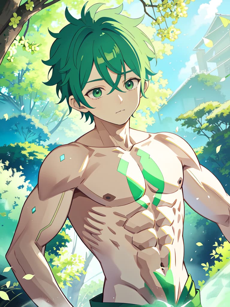  green hair man and actor shun oguri with a beautiful abs, masterpiece, best quality,8k,ultra detailed,high resolution,an extremely delicate and beautiful,hyper detail