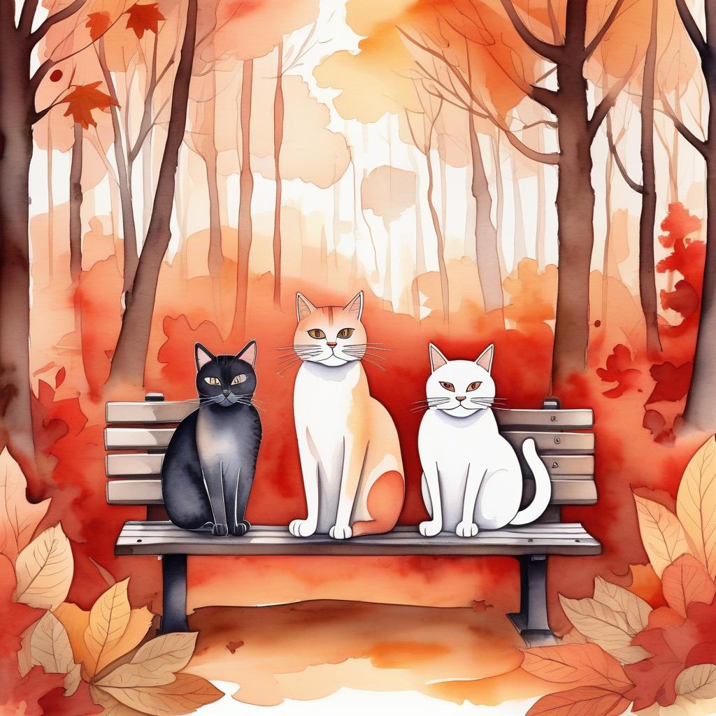  typographic art (painted) (watercolor) cute autumn forest background, autumn forest, soft shades, thin (ink outlines), objects on the edges of the sheet, many details, masterpiece, harmonious composition, autumn evening in a chestnut park, red brown colors, two cats are sitting on a bench, one cat is black and red, the second cat is white and red, the cats touch each other with their noses . stylized, intricate, detailed, artistic, text based