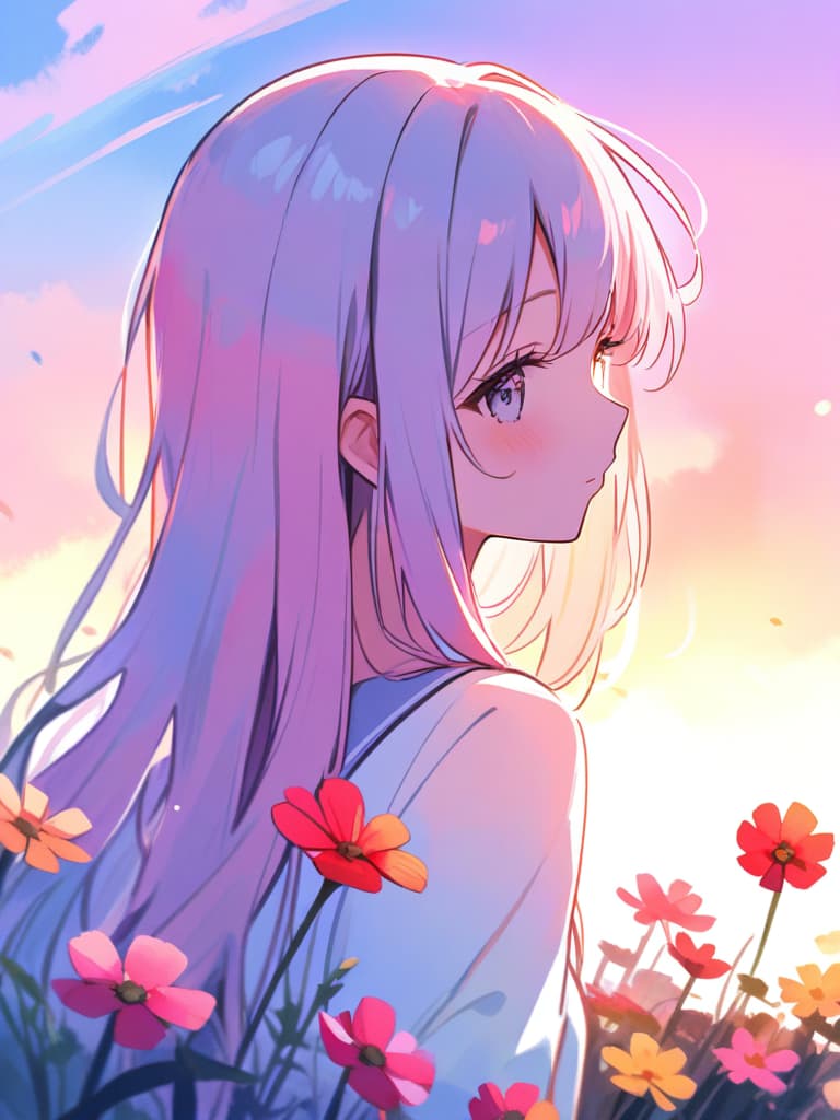  masterpiece,(pastel watercolor style with pink,light blue and white:1.5),(cosmos blooming meadow:1.5),(super beautiful girl),(long fluffy hair:1.2),,profile,sunset,high quality,8k