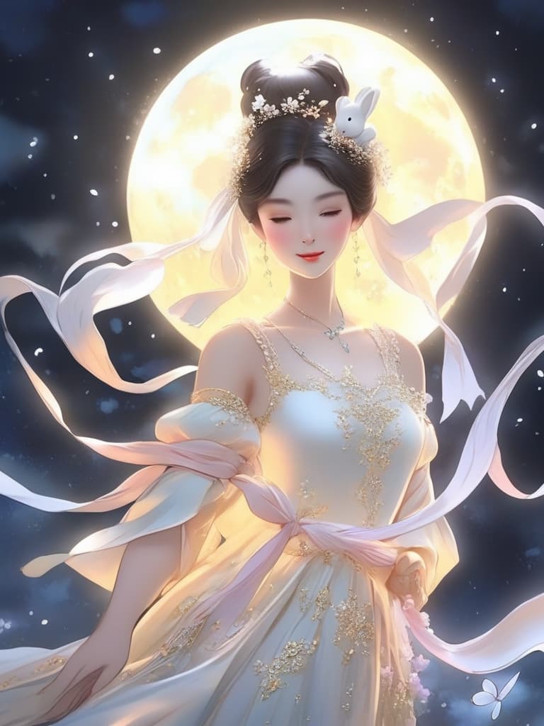  the image depicts a fairy like woman wearing a blue dress and holding a white bunny in her arms. she appears to be floating gracefully among the clouds in a nighttime setting. there are multiple flowers scattered throughout the image, adding to the peaceful atmosphere. the woman and the bunny are the main focus of the scene, creating a sense of harmony and enchantment.