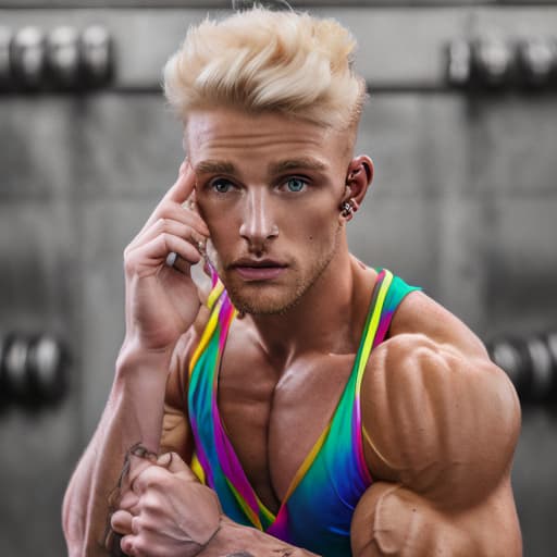 portrait+ style British LGBT queer fitness trainer blonde hunk dude face