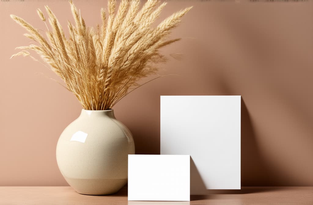  modern summer stationery still life scene. beige round vase with dry lagurus grass. table background in sunlight. blank business card, invitation mockups lean on champagne wall, long shadows. ar 3:2 {prompt}, maximum details