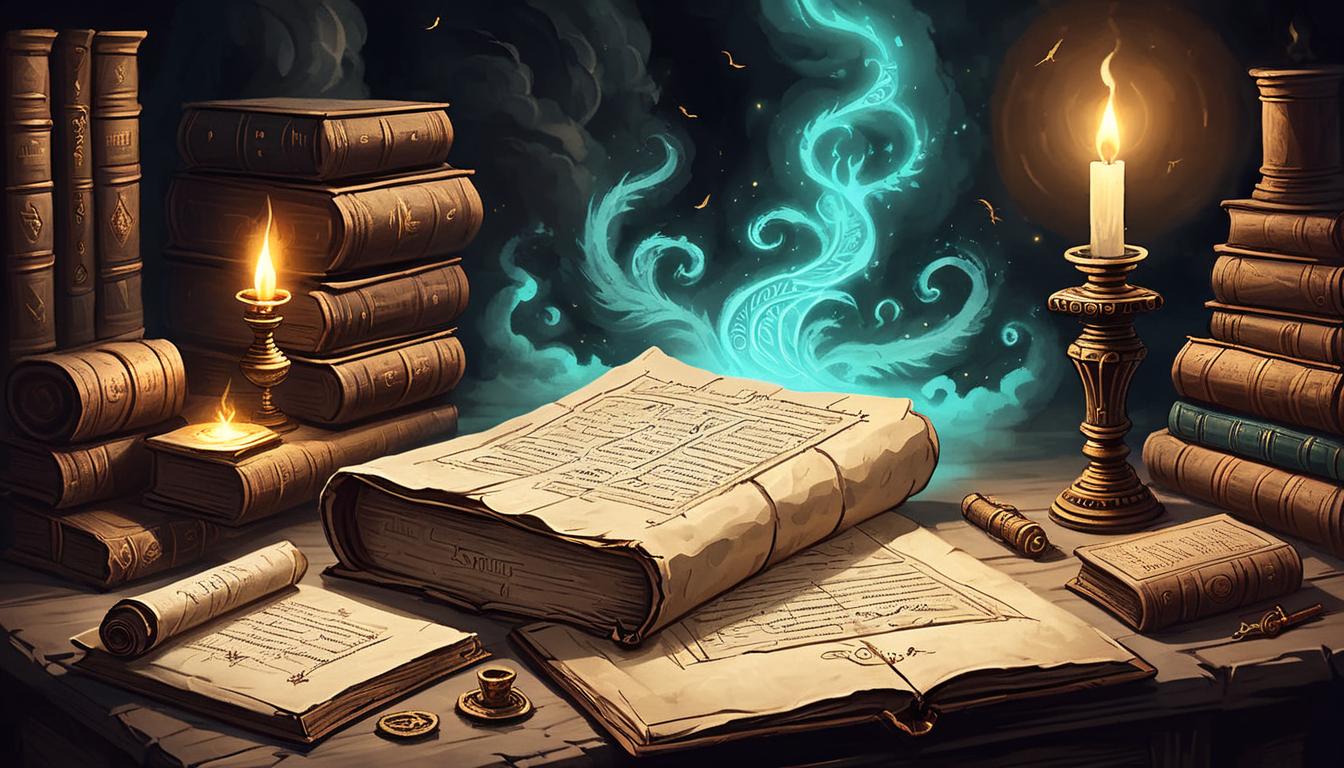  on parchment, surrealism+++, ancient scrolls with glowing script, nestled among old books and relics, radiating mystical light, ambient dark aura, sense of ancient wisdom(mysterious, provocative, symbolic,muted color)+++