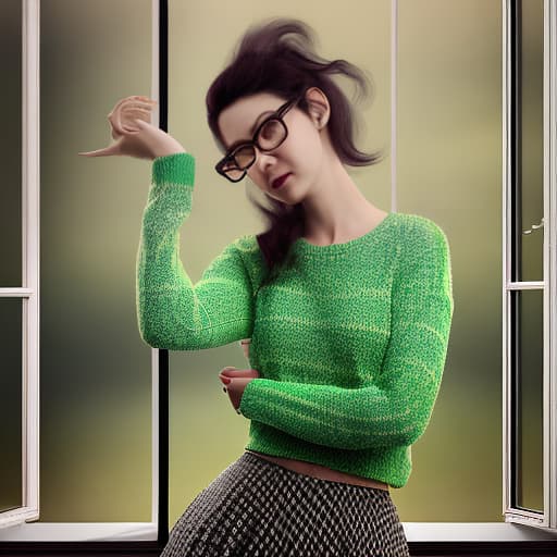 redshift style Woman in green sweater and checkered skirt posing for photo in front of window with hair in tail, MilaAzul, optical illusion, cute, color photography