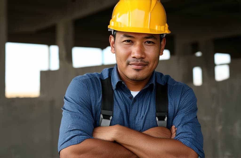  professional detailed photography, builder asian men working in building construction, looking at camera, blurred background ar 3:2, (muted colors, dim colors, soothing tones), (vsco:0.3)