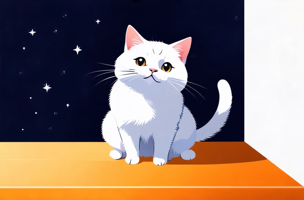  flat illustration, flaticon, (illustration:1.15), cute happy white cat looking at camera, cat located in right corner, space for text, banner ar 3:2, [cory loftis, strobist, pascal campion :: 0.2]