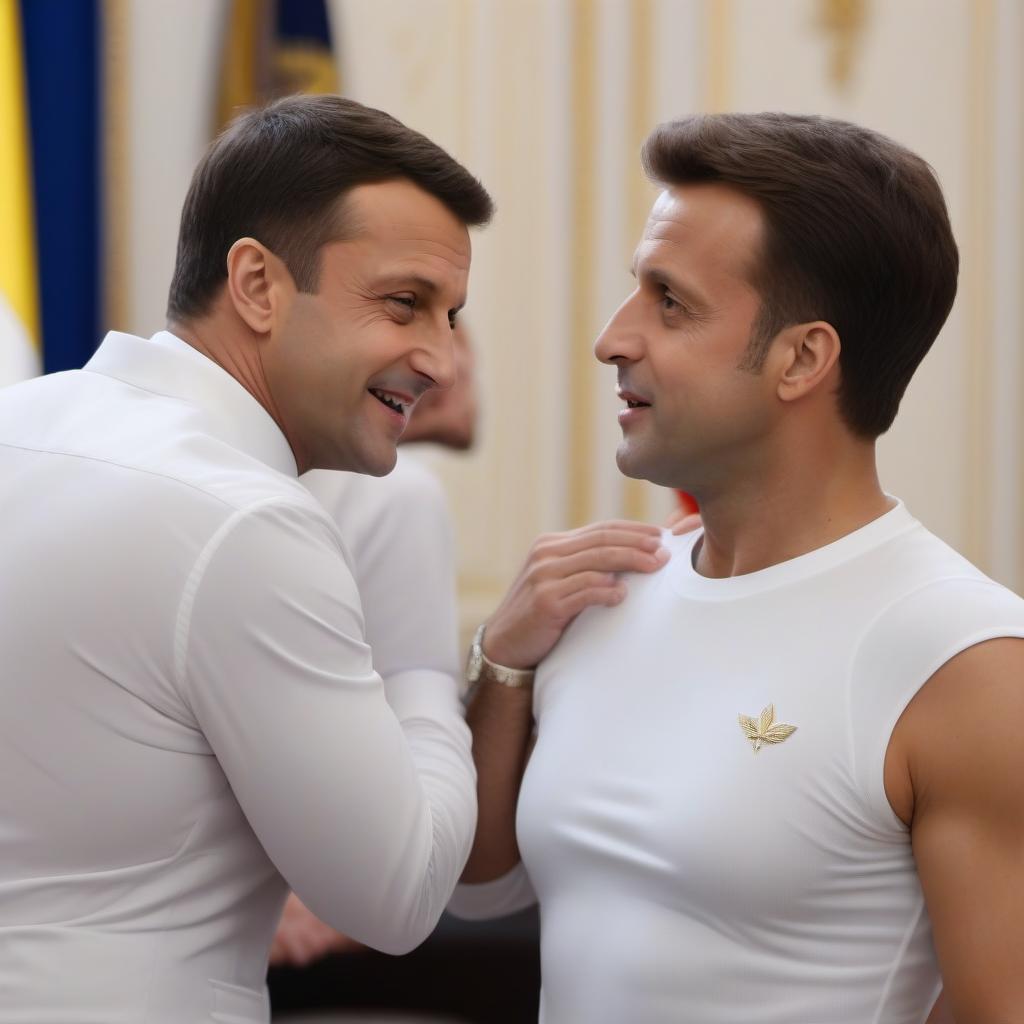  Zelensky and Macron kiss in white underpants