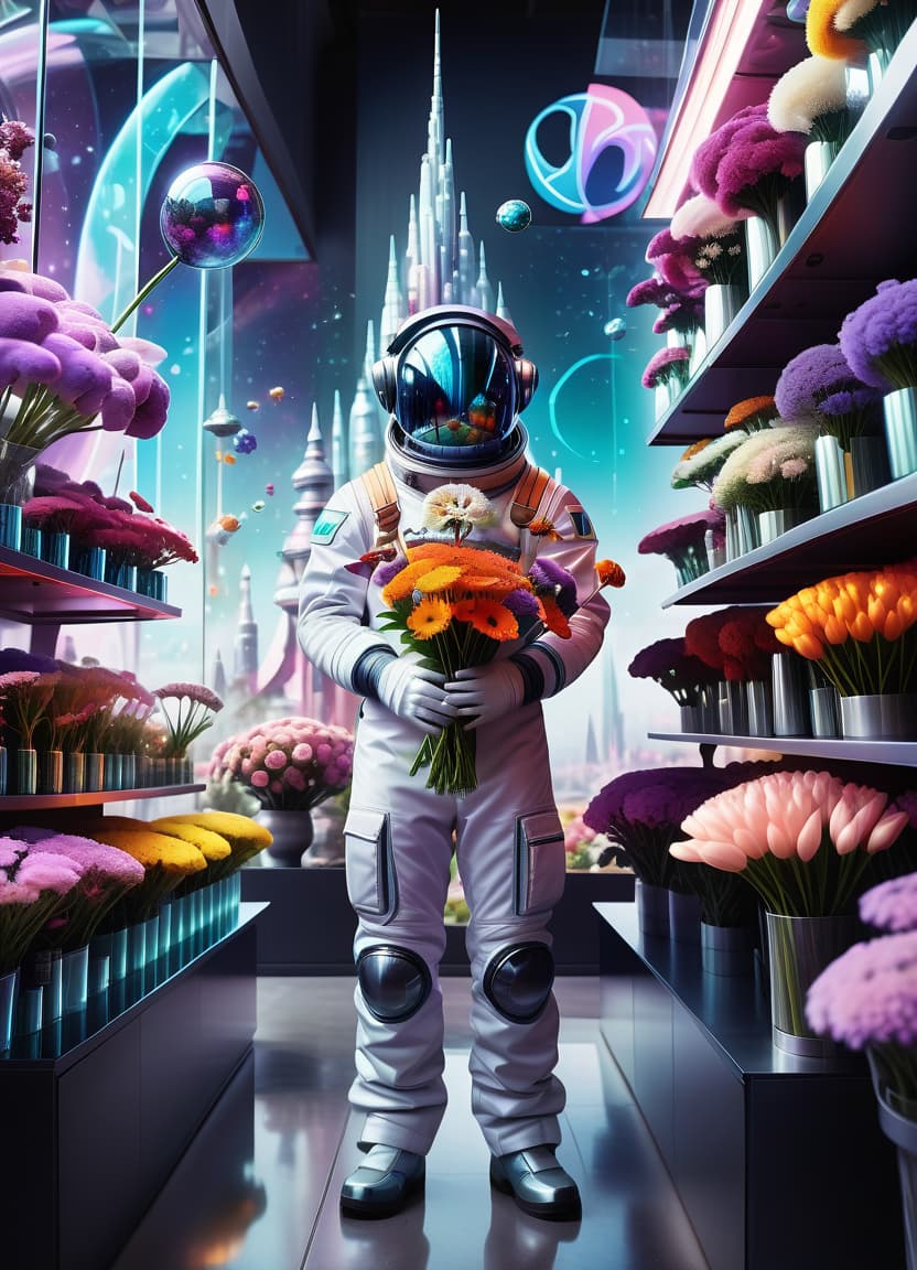  (art by style of ross tran:1.2): space flower shop, seller in spacesuit, flower bouquets covered with glass caps, against the backdrop of the magic tower, against a backdrop of shelves with bouquets under glass caps, sci fi abstract art, multicolore, (frame with intricate thin celtik magical symbol ornamentation:1.4) :: (thin: 1,3) lines,, civitai