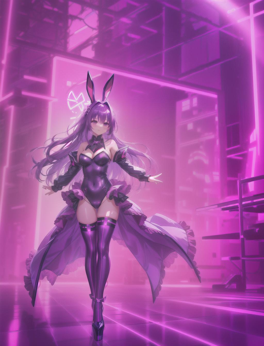  masterpiece, best quality, solo, long purple hair, neon purple eyes, thigh highs, heels, bunny female, red neon light background, full body