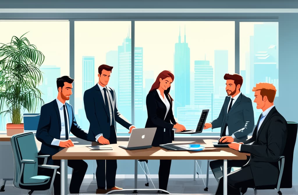  professional detailed photography, people working in office. business illustration representing busy life ar 3:2, (muted colors, dim colors, soothing tones), (vsco:0.3)