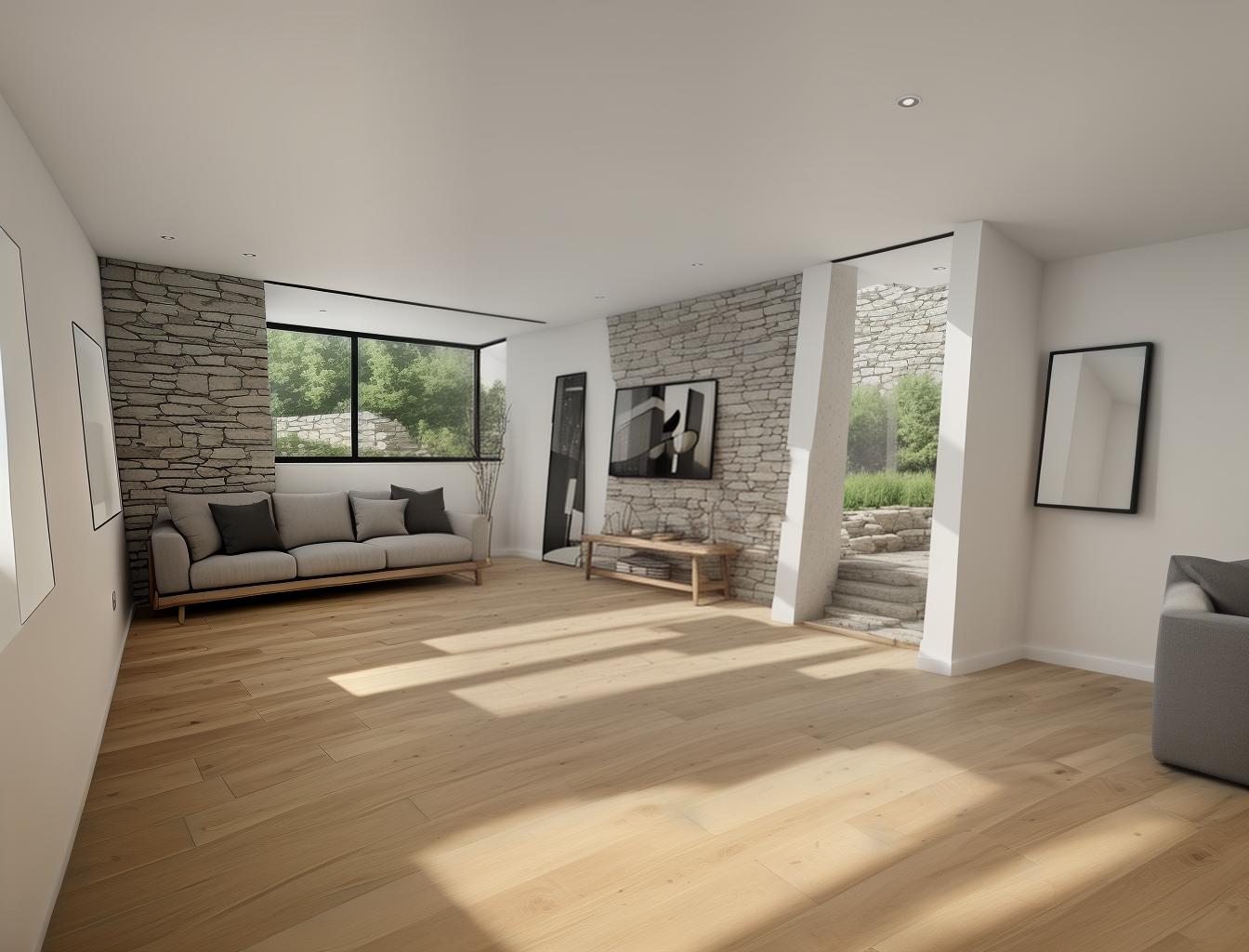  produce a photorealistic rendering of a modern interior with a stone wall as a focal point, complemented by wooden flooring and large windows. add a sleek, modern sofa and minimalist furniture that reflects a contemporary style, creating a space that feels both rustic and sophisticated.