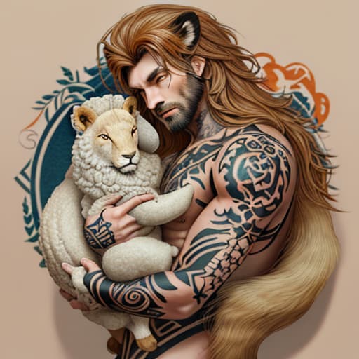  Design a tattoo of lion, sheep and fox hugging each other,