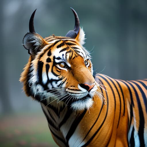  A brown Tiger having Horns, 4k realistic hyperrealistic, full body, detailed clothing, highly detailed, cinematic lighting, stunningly beautiful, intricate, sharp focus, f/1. 8, 85mm, (centered image composition), (professionally color graded), ((bright soft diffused light)), volumetric fog, trending on instagram, trending on tumblr, HDR 4K, 8K