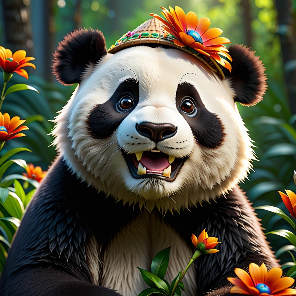  panda adult smiling with flower hat. 8k hdr pixar style up! cgi. hyperrealistic, full body, detailed clothing, highly detailed, cinematic lighting, stunningly beautiful, intricate, sharp focus, f/1. 8, 85mm, (centered image composition), (professionally color graded), ((bright soft diffused light)), volumetric fog, trending on instagram, trending on tumblr, HDR 4K, 8K