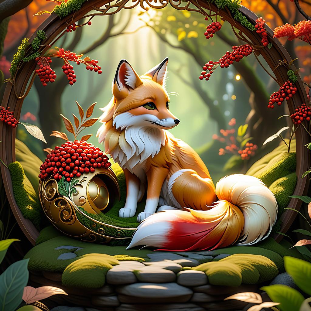  dreamscape (frame):gold round frame decorated with fancy oak leaves and rowan berries. (picture). animalism in fantasy style: little fox sleeping in the arms of big mum fox. appearance of a fox:sweetly sleeping curled up in a ball. (colours):orange, red, white, beige, gold, all shades of green, brown, brown gold. (style):animalism, fantasy, fairy tale, tenderness, kindness, calmness, cartoon . surreal, ethereal, dreamy, mysterious, fantasy, highly detailed, civitai, hkmagic hyperrealistic, full body, detailed clothing, highly detailed, cinematic lighting, stunningly beautiful, intricate, sharp focus, f/1. 8, 85mm, (centered image composition), (professionally color graded), ((bright soft diffused light)), volumetric fog, trending on instagram, trending on tumblr, HDR 4K, 8K