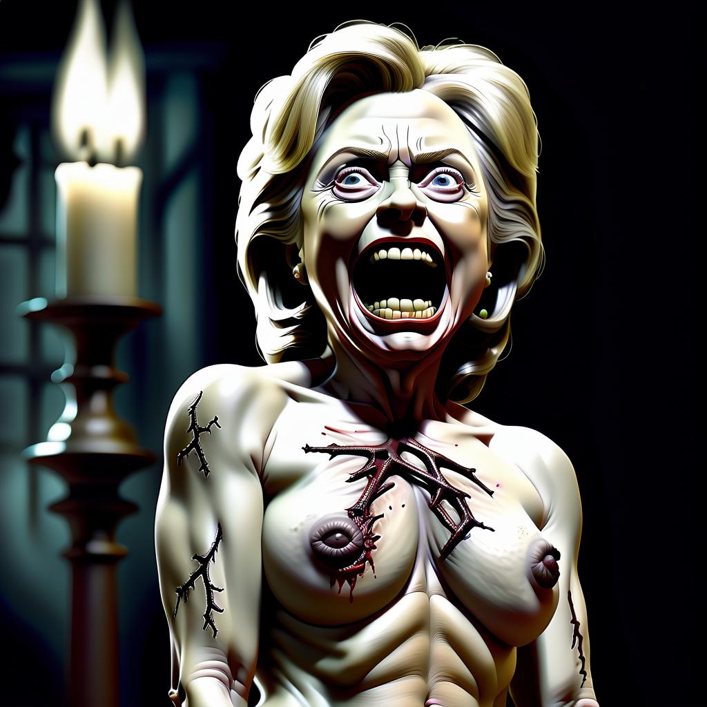  horror themed hillary clinton, naked, naked, naked. . eerie, unsettling, dark, spooky, suspenseful, grim, highly detailed