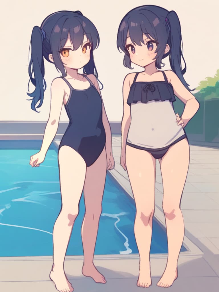  women's elementary students, twin tails, cute smiles, rich s, low stages, dark blue swimwear, old swimwear, swimwear, male, male, shaped clear , shaped clear phimosis,, octopus, male bulge, ), front, whole body, poolside,