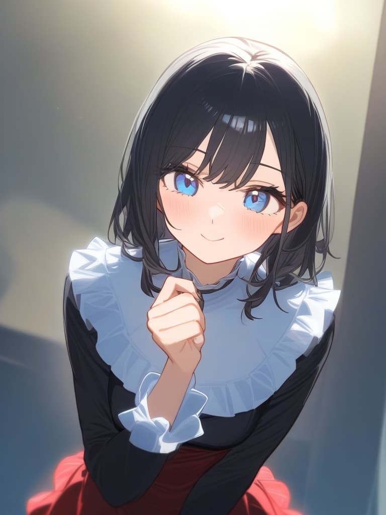  cute face focus,cute,black hair,light blue eyes,cute posing,frill onepiece