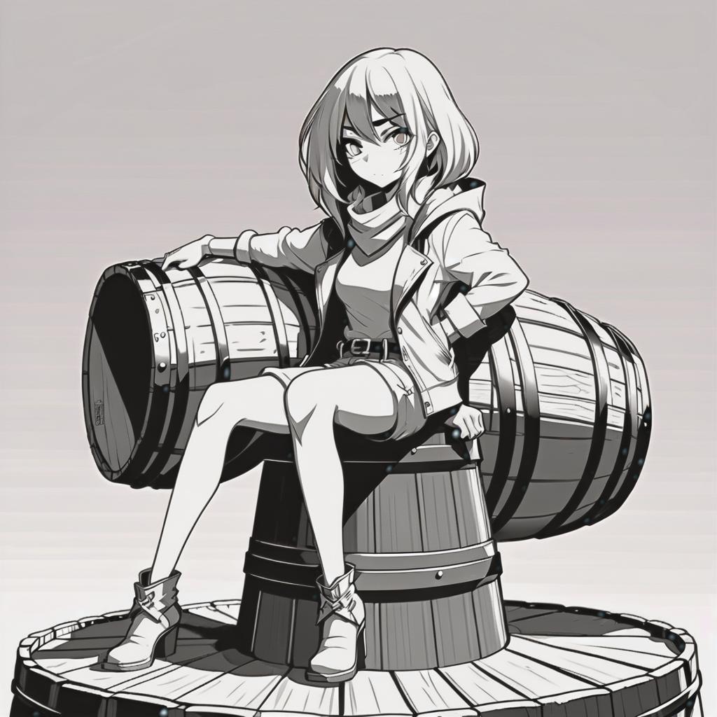  line art drawing rogue girl sit on barrel, same nightmare. anime style . professional, sleek, modern, minimalist, graphic, line art, vector graphics