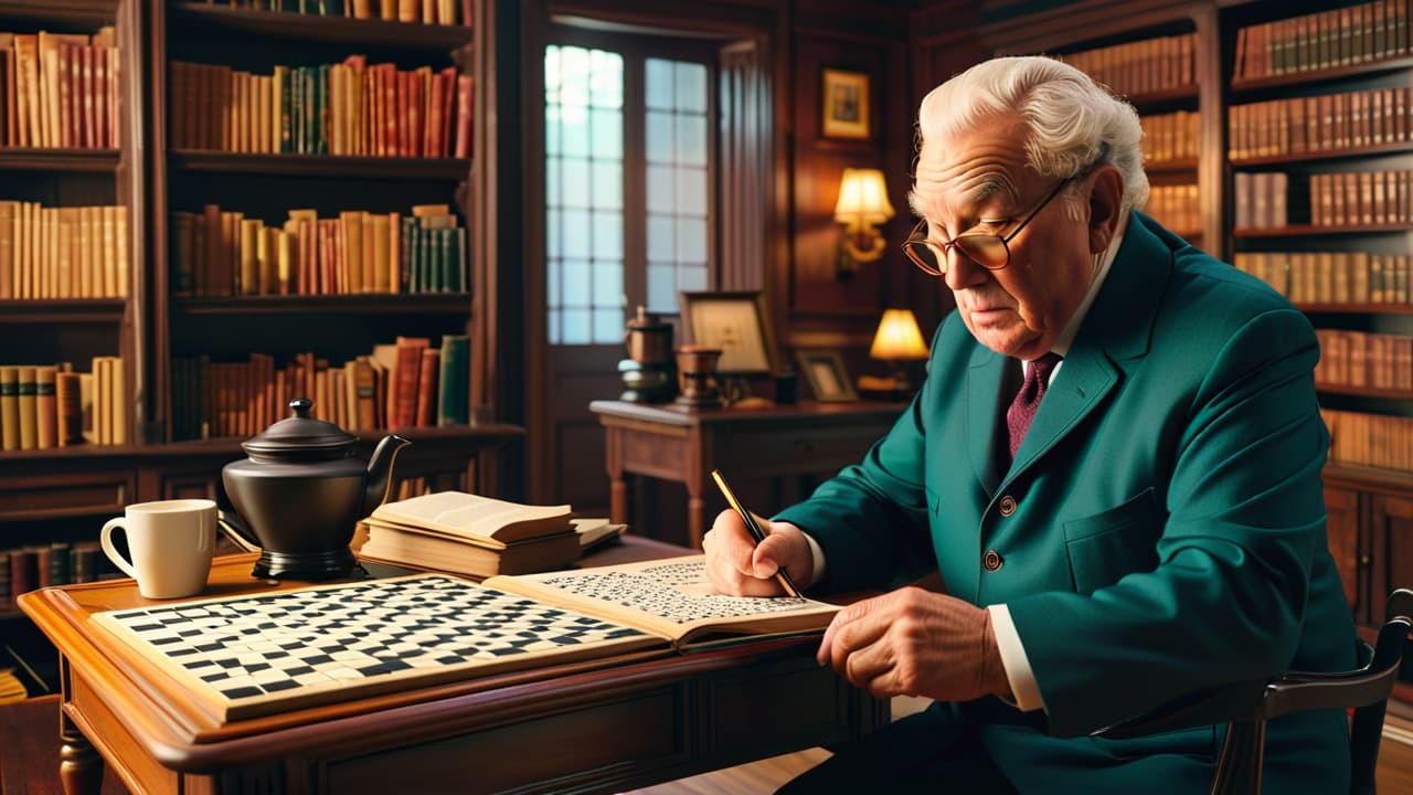  a serene study room with a vintage wooden desk, scattered crossword puzzles, a steaming cup of tea, and a thoughtful elderly person deep in concentration, surrounded by bookshelves filled with classic literature. hyperrealistic, full body, detailed clothing, highly detailed, cinematic lighting, stunningly beautiful, intricate, sharp focus, f/1. 8, 85mm, (centered image composition), (professionally color graded), ((bright soft diffused light)), volumetric fog, trending on instagram, trending on tumblr, HDR 4K, 8K