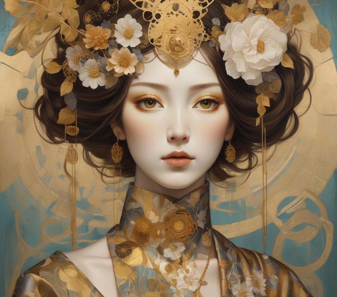  surrealist art a mystical artwork with a female figure adorned with floral headpiece and golden attire, exuding an ethereal, otherworldly charm. imagine an intricately detailed image of a steampunk geisha, her vivid eyes with a dreaming look sparkle beneath long lashes. she is dressed in a gossamer silk kimono, embodying high contrast and decorative designs reminiscent of the art deco era. the portrait seamlessly integrates a mixed media collage approach for added dimension and texture. it pays homage to the flat, decorative patterns and vivid, unnatural colors championed by the symbolist movement (gustav klimt) and pre raphaelite (botticelli) artists, rendered with the depth and richness of oil painting. elements of kintsugi, using gold a