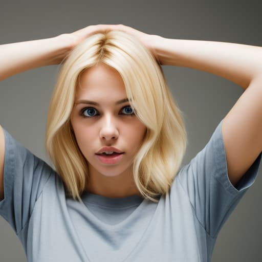  Blonde woman with her hands behind her head with a t shirt