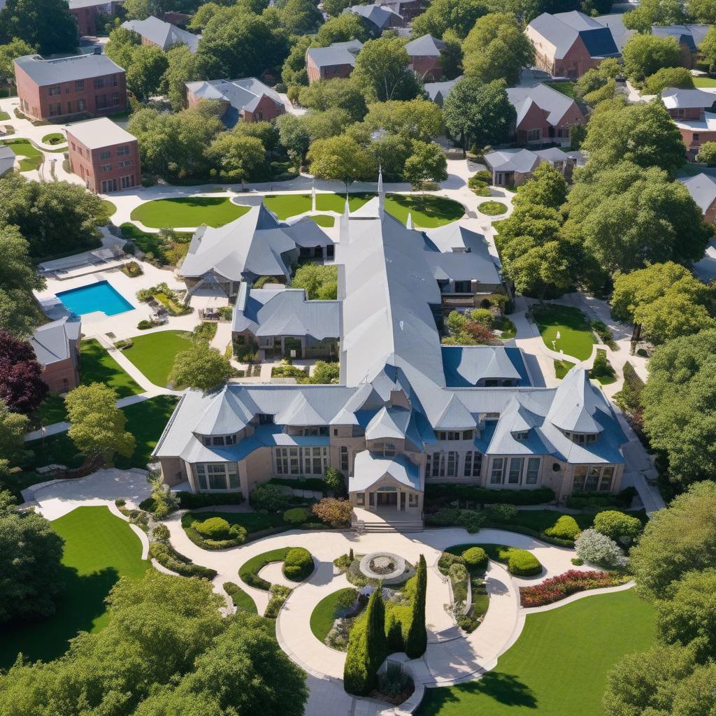  high school exterior aerial layout with lots of windows arches a courtyard in the middle with a garden, pool and rooftop art space and curb appeal, mystical style