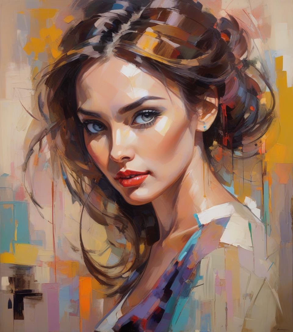  abstract expressionist painting portait of a beautiful woman, a masterwork detail quality line and developed, add featured alluring illusions, adorable hybrid painting, deep oriental tones, randomly placed, comprehensive finely art style by carne griffith michael garmash, ivan shiskin . energetic brushwork, bold colors, abstract forms, expressive, emotional