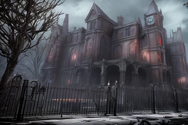 redshift style Arkham Asylum* Create a street view image of Arkham Asylum's entrance, showcasing its imposing gothic architecture, iron gates, and eerie atmosphere.