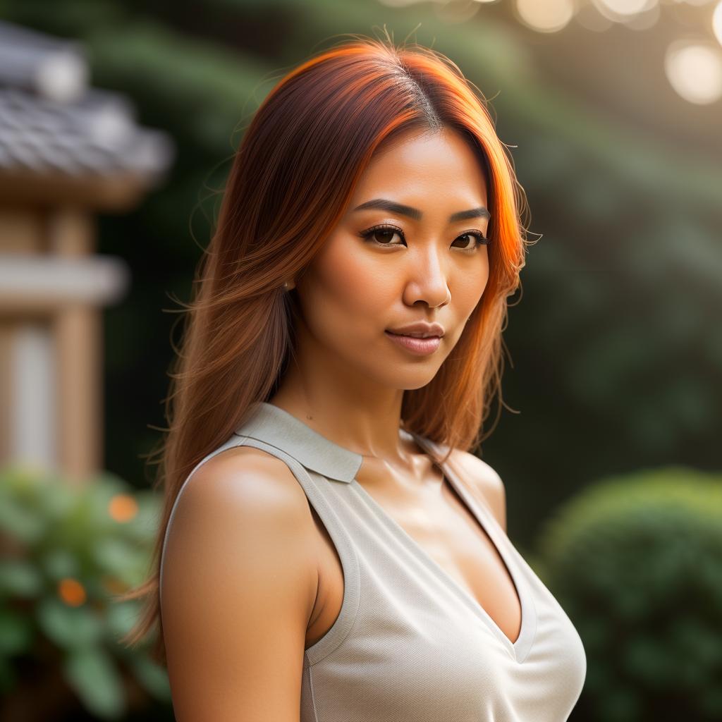  (((realistic full torso frontal head shot of a light tan skin tone woman))), hitomi yuki fujii, ((japanese heritage)), immature face, brown eye color, ((long hair style)), ((orange hair color)), (( body type)), flat size, size, (immature straight slender nose), (immature prominent cheeks), (immature soft jawline), (immature medium lips), (immature high forehead), (immature even eyebrows), (immature pointed chin), standing straight looking directly into the camera,((wearing fitted polo shirt with deep v neck and monogrammed pocket)), backyard in background, 1girl, best quality, highest quality, award winning photo, masterpiece, raw, professional photography, photorealism, sharp focus, cinematic, high resolution,  hyperrealistic, full body, detailed clothing, highly detailed, cinematic lighting, stunningly beautiful, intricate, sharp focus, f/1. 8, 85mm, (centered image composition), (professionally color graded), ((bright soft diffused light)), volumetric fog, trending on instagram, trending on tumblr, HDR 4K, 8K