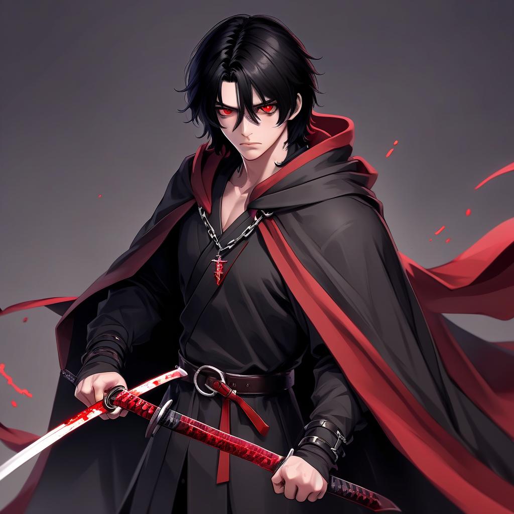  black haired guy about 17, brown eyes, slight paleness. in a cloak on an iron chain clasp. he has a katana weapon with a blood red blade