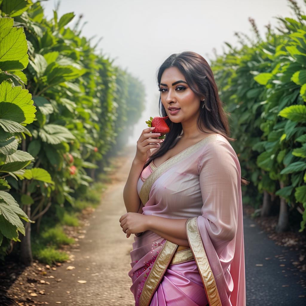  A Huge chubby Woman holding  strawberry in Hand, Saree and pallu, Clean face, strawberry Trees, No saturation, low vibrant, portrait hyperrealistic, full body, detailed clothing, highly detailed, cinematic lighting, stunningly beautiful, intricate, sharp focus, f/1. 8, 85mm, (centered image composition), (professionally color graded), ((bright soft diffused light)), volumetric fog, trending on instagram, trending on tumblr, HDR 4K, 8K