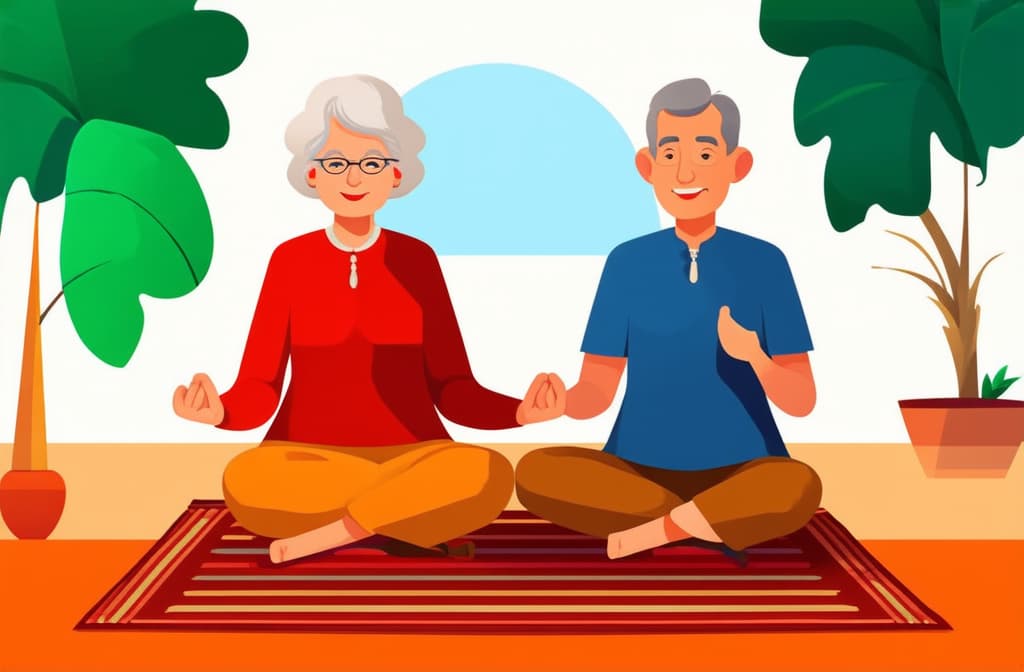  cute old lady and man sitting on the rug and meditating. style flat illustration ar 3:2 {prompt}, maximum details