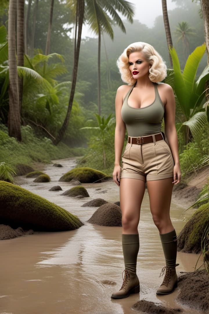  jean harlow is a jungle explorer wearing khaki shorts and khaki shirt and khaki knee socks ,neck deep in muddy quicksand hyperrealistic, full body, detailed clothing, highly detailed, cinematic lighting, stunningly beautiful, intricate, sharp focus, f/1. 8, 85mm, (centered image composition), (professionally color graded), ((bright soft diffused light)), volumetric fog, trending on instagram, trending on tumblr, HDR 4K, 8K