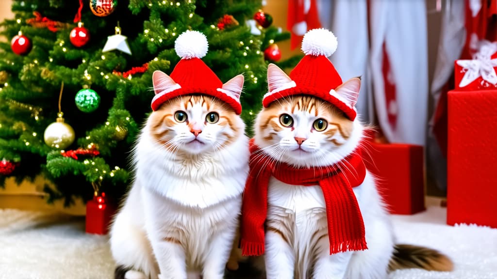  a couple of cats sitting next to each other, unsplash, furry art, in white winter coats, fluffy cats in fluffy hats, in red fur, perfect expression, in beautiful winter clothes, alexander abdulov,smile , on the background of christmas tree, beautiful weather, cutecore, fully dressed, in scarf, cat photo, head to shoulder ar 16:9 {prompt}, maximum details